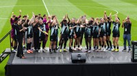 NJ/NY Gotham FC players are recognized for their Concaf W Champions Cup victory after the match against the Kansas City Current at Sports Illustrated Stadium.