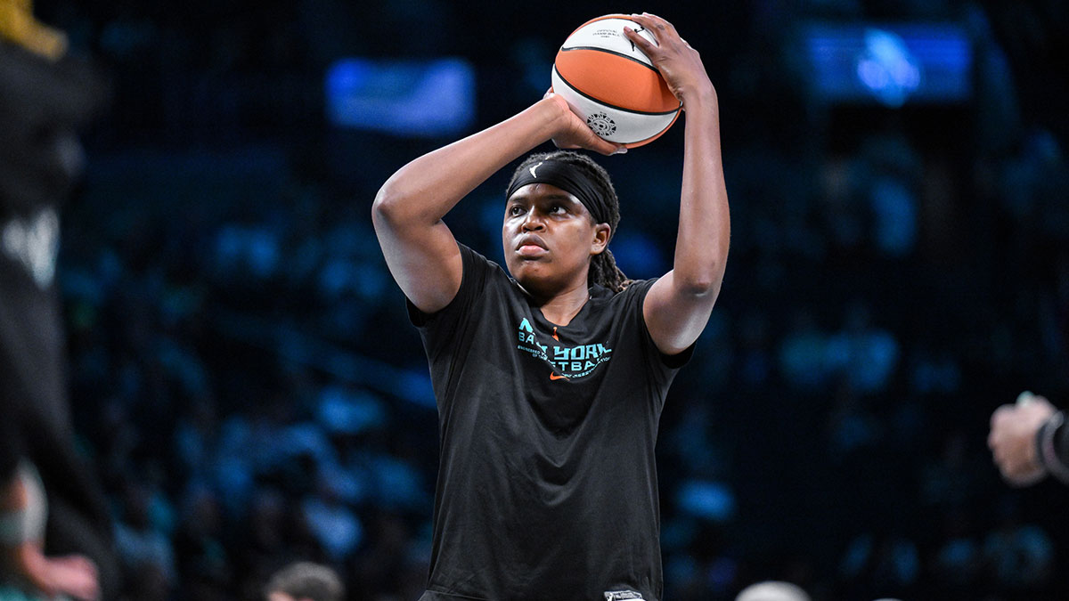 New York Liberty center Jonquel Jones (35) warms up before a game against the Phoenix Mercury at Barclays Center.