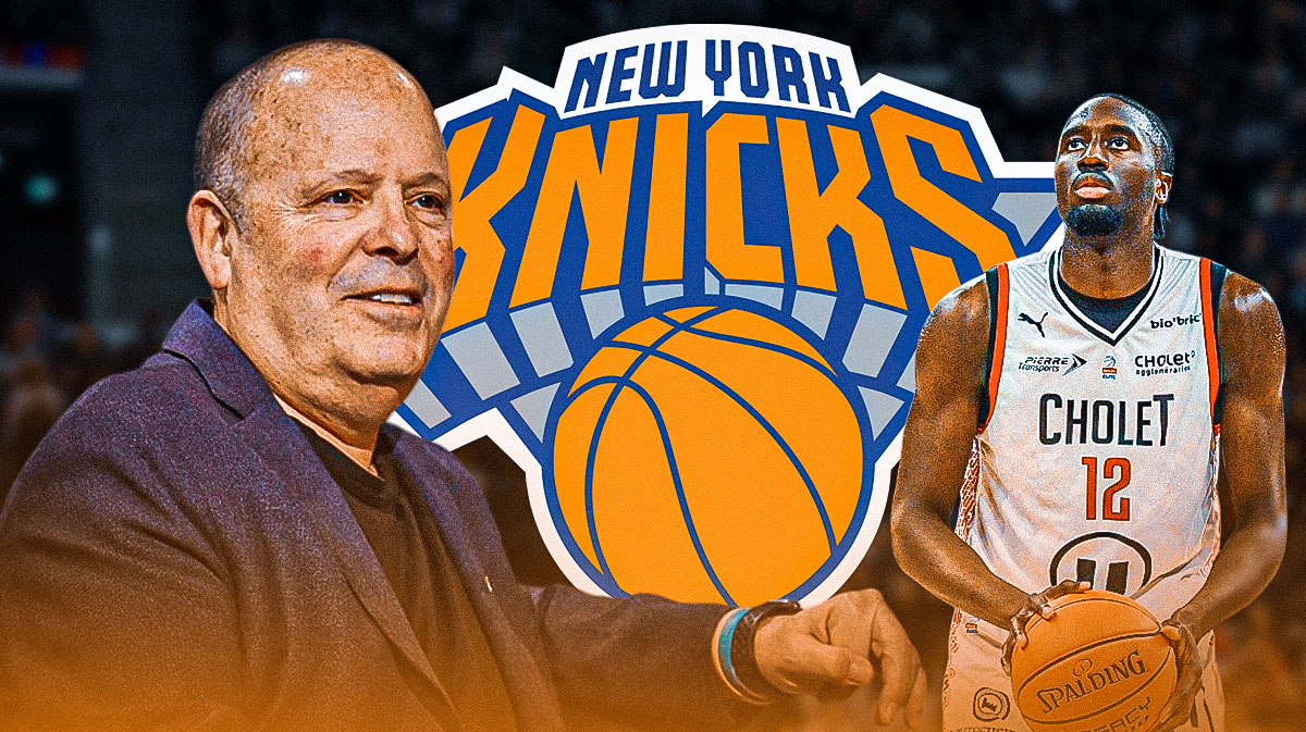Leon Rose, Mohamed Diawara, New York Knicks logo with Madison Square Garden behind them