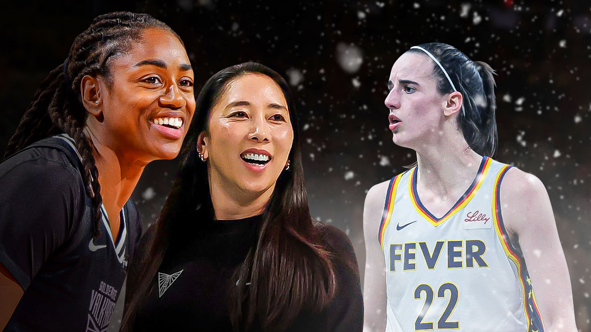 Tiffany Hayes and Natalie Nakase very happy while Caitlin Clark's opposite them with snowflakes around her with a wintery background
