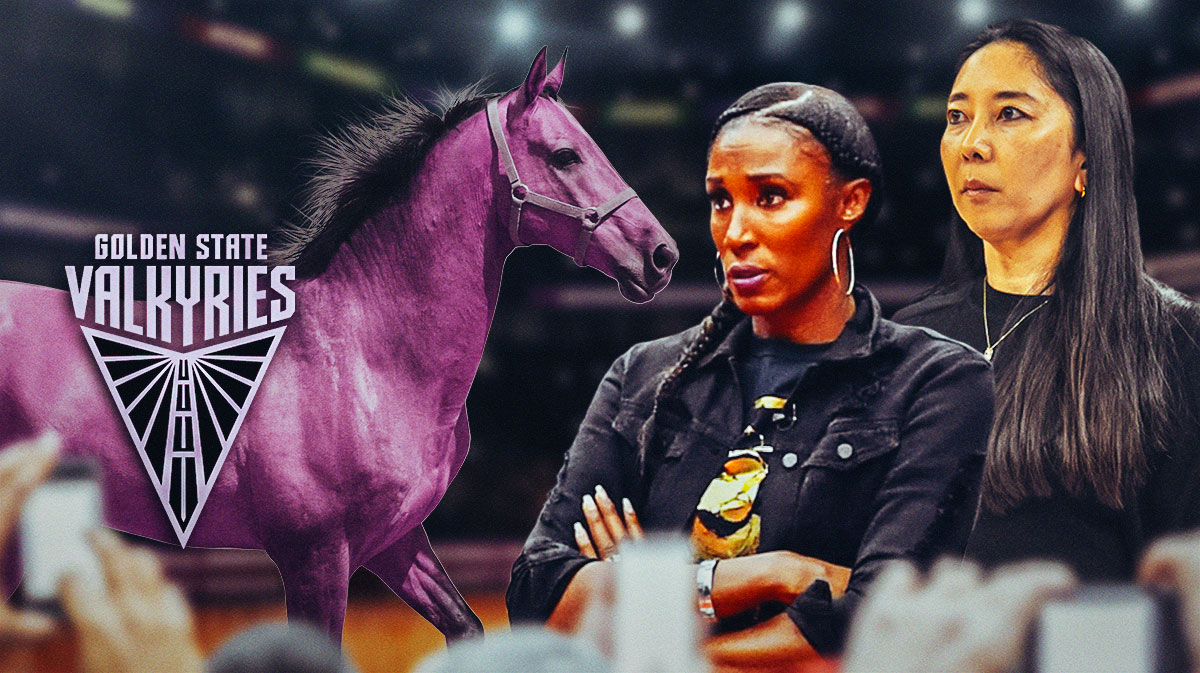 Natalie Nakase and Lisa Leslie next to a dark purple horse with a Valkyries logo attached to it's side