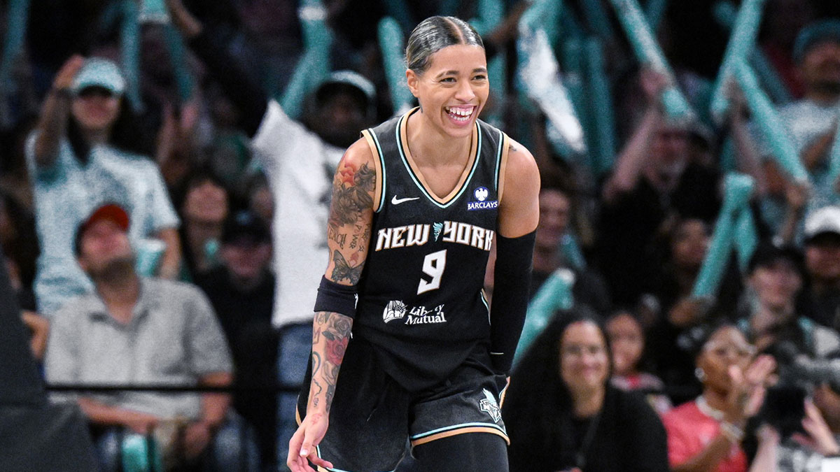 New York Liberty guard Natasha Cloud (9) reacts during the second half against the Connecticut Sun at Barclays Center.