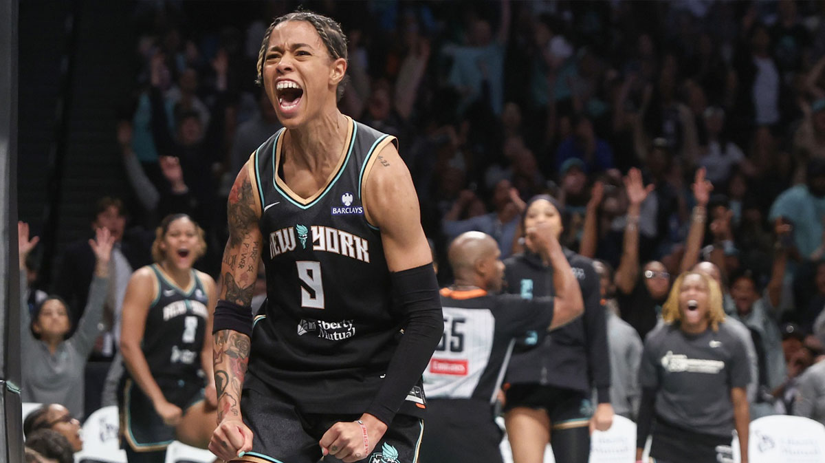 New York Liberty guard Natasha Cloud (9) reacts after getting fouled on a made basket in the fourth quarter against the Atlanta Dream at Barclays Center.