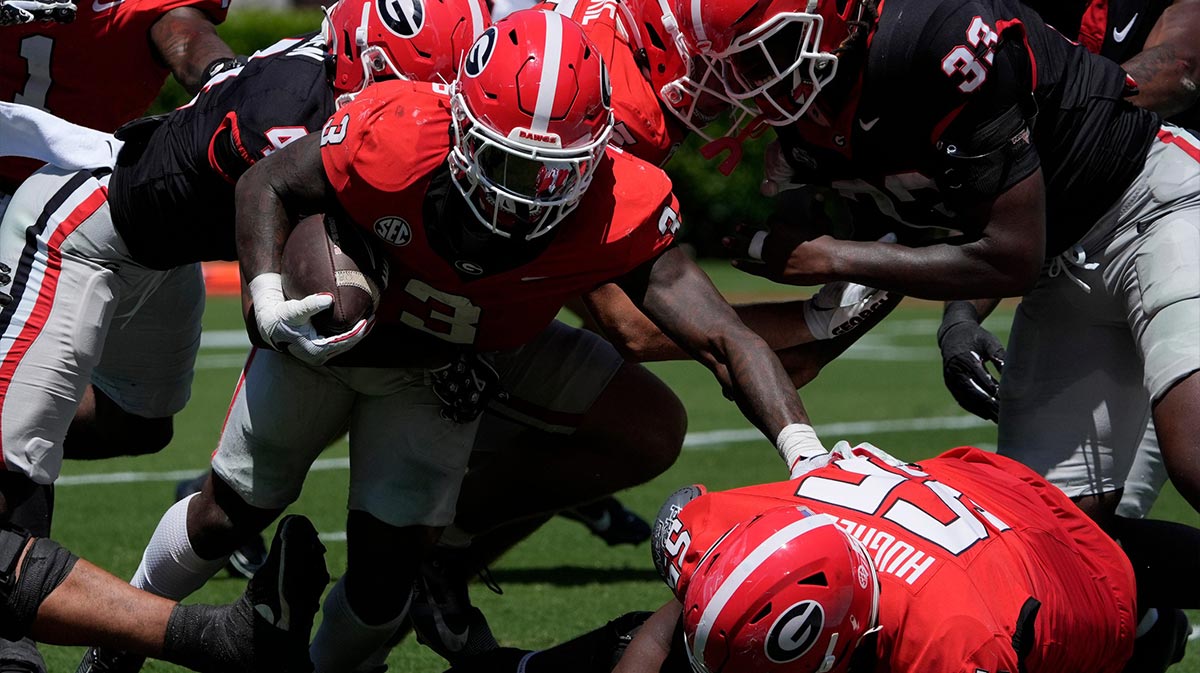 Georgia running back Nate Frazier (3) drives into score a touchdown during the Georgia G-Day spring football game in Athens, Ga., on Saturday, April 12, 2025.