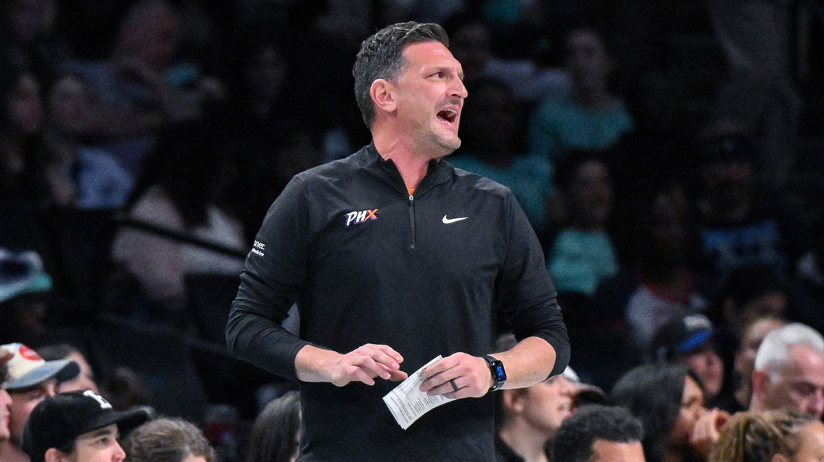 Phoenix Mercury head coach Nate Tibbetts reacts during the first half against the New York Liberty at Barclays Center.
