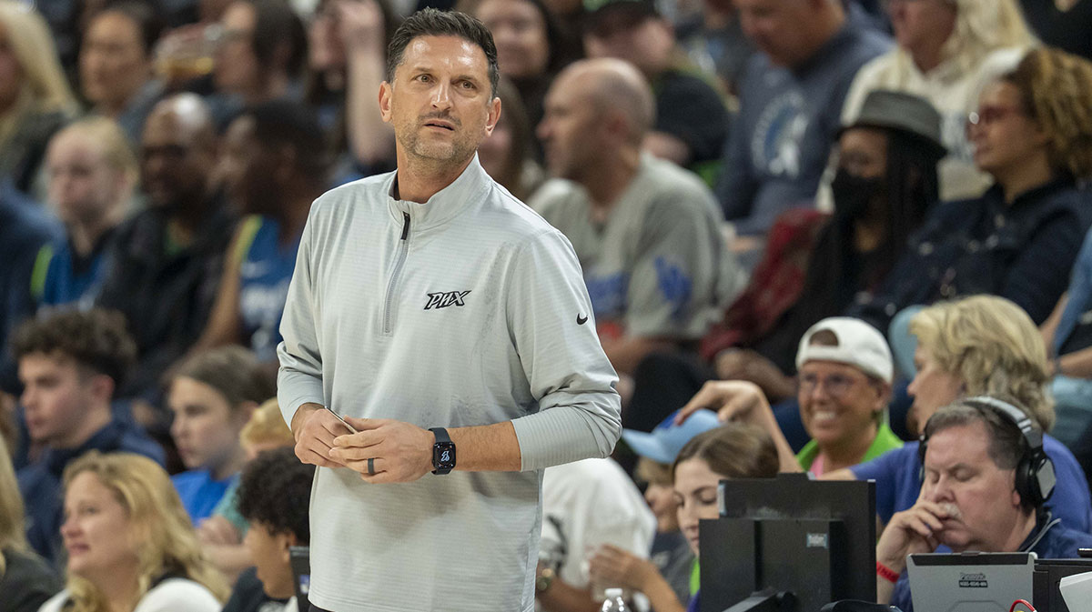 Phoenix Mercury head coach Nate Tibbetts looks on against the Minnesota Lynx in the first half at Target Center