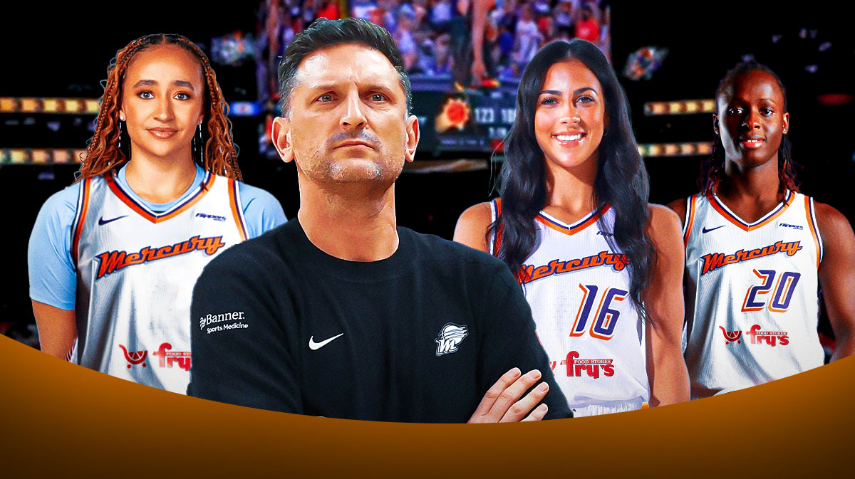Mercury head coach Nate Tibbetts looking defeated, and Haley Jones, Megan McConnell and Murjanatu Musa all in Mercury jerseys.