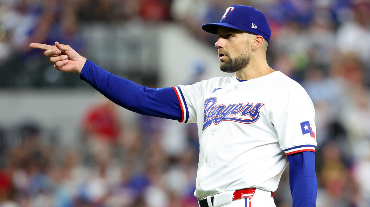 Jul 2, 2024; Arlington, Texas, USA; Texas Rangers starting pitcher Nathan Eovaldi (17) reacts during the seventh inning against the San Diego Padres at Globe Life Field. Mandatory Credit: Kevin Jairaj-Imagn Images