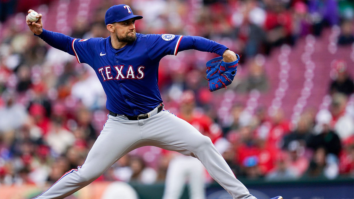Texas Rangers pitcher Nathan Eovaldi (17) throws a pitch in the first inning of a MLB game between the Cincinnati Reds and Texas Rangers, Tuesday, April 1, 2025, at Great American Ball Park in Downtown Cincinnati.