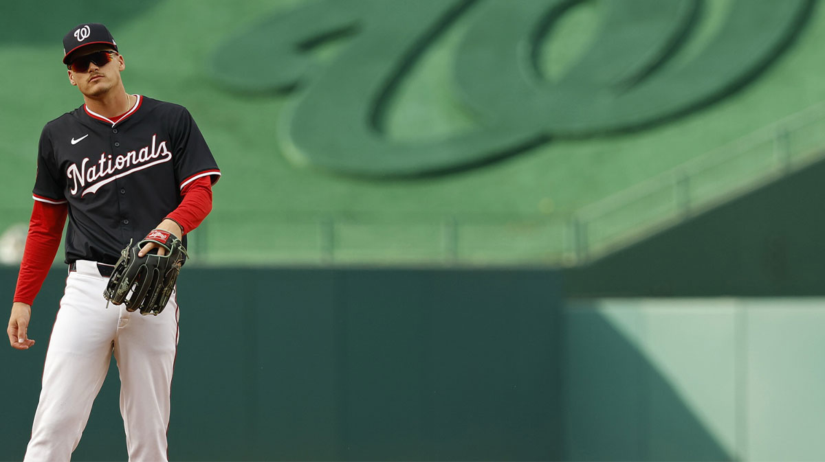 Washington Nationals third baseman Brady House (55) stands on the field prior to the start of the game against the Colorado Rockies at Nationals Park.