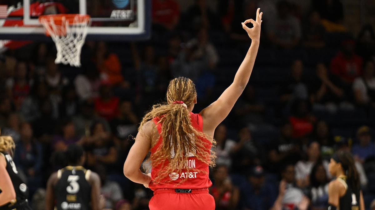 Atlanta Dream forward Naz Hillmon (00) celebrates a three point basket during the fourth quarter against the Washington Mystics at CareFirst Arena.