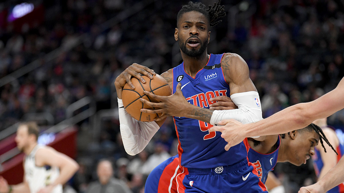 Detroit Pistons guard Nerlens Noel (9) pulls down a rebound against the Milwaukee Bucks in the third quarter at Little Caesars Arena.