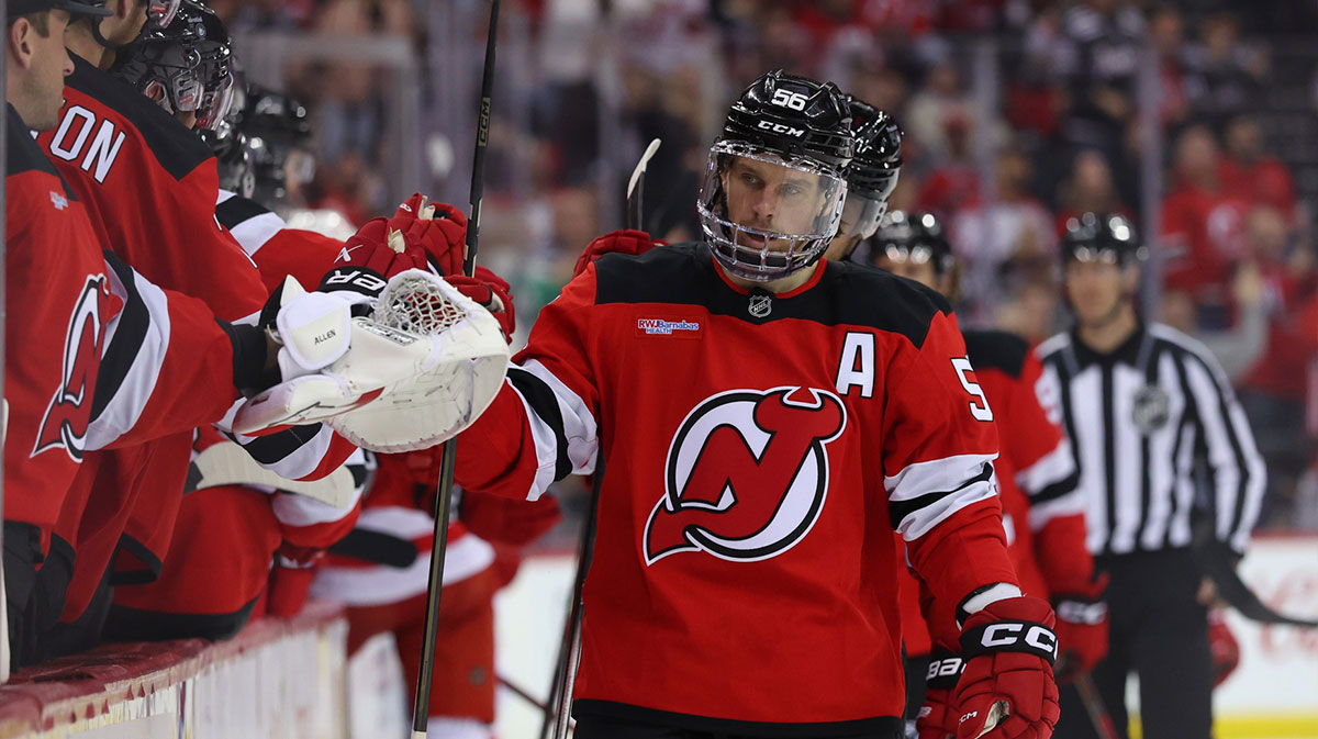 New Jersey Devils left wing Erik Haula (56) celebrates his goal against the Detroit Red Wings during the third period at Prudential Center.