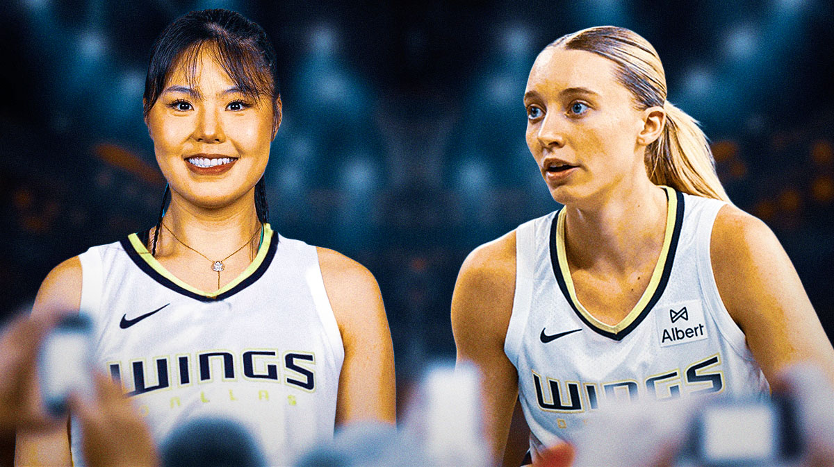 Li Yueru in a Dallas Wings jersey on left, Wings Paige Bueckers shooting a basketball on right.