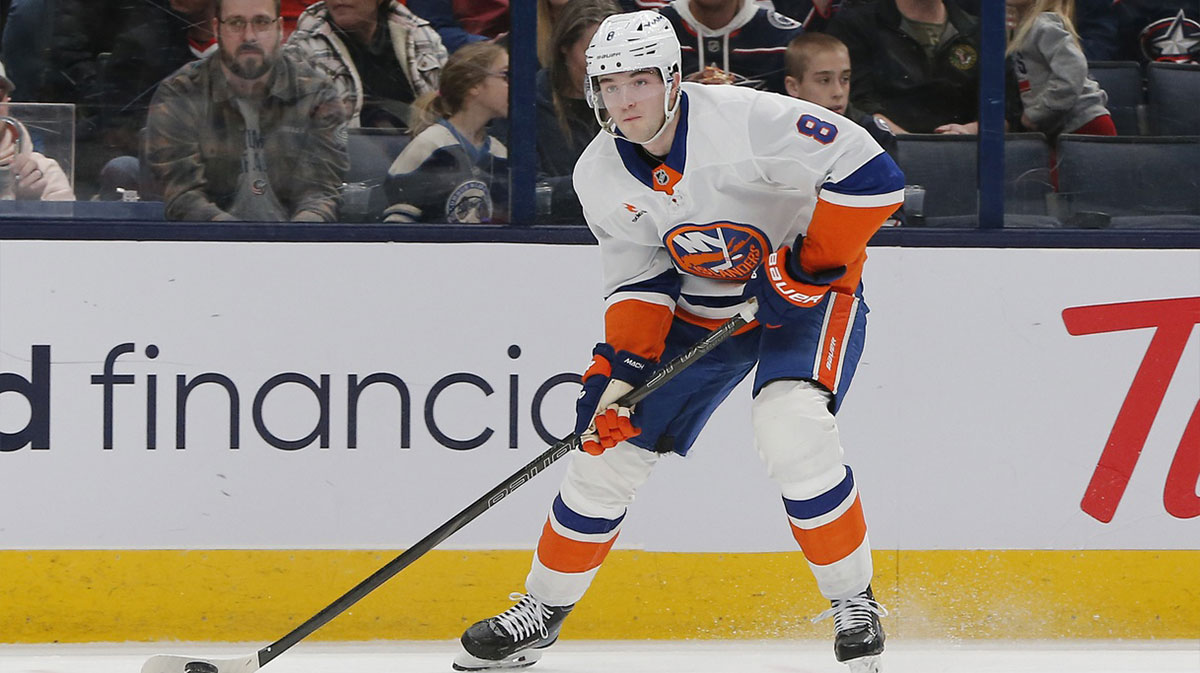 New York Islanders defenseman Noah Dobson (8) looks to shoot against the New York Islanders during the first period at Nationwide Arena.