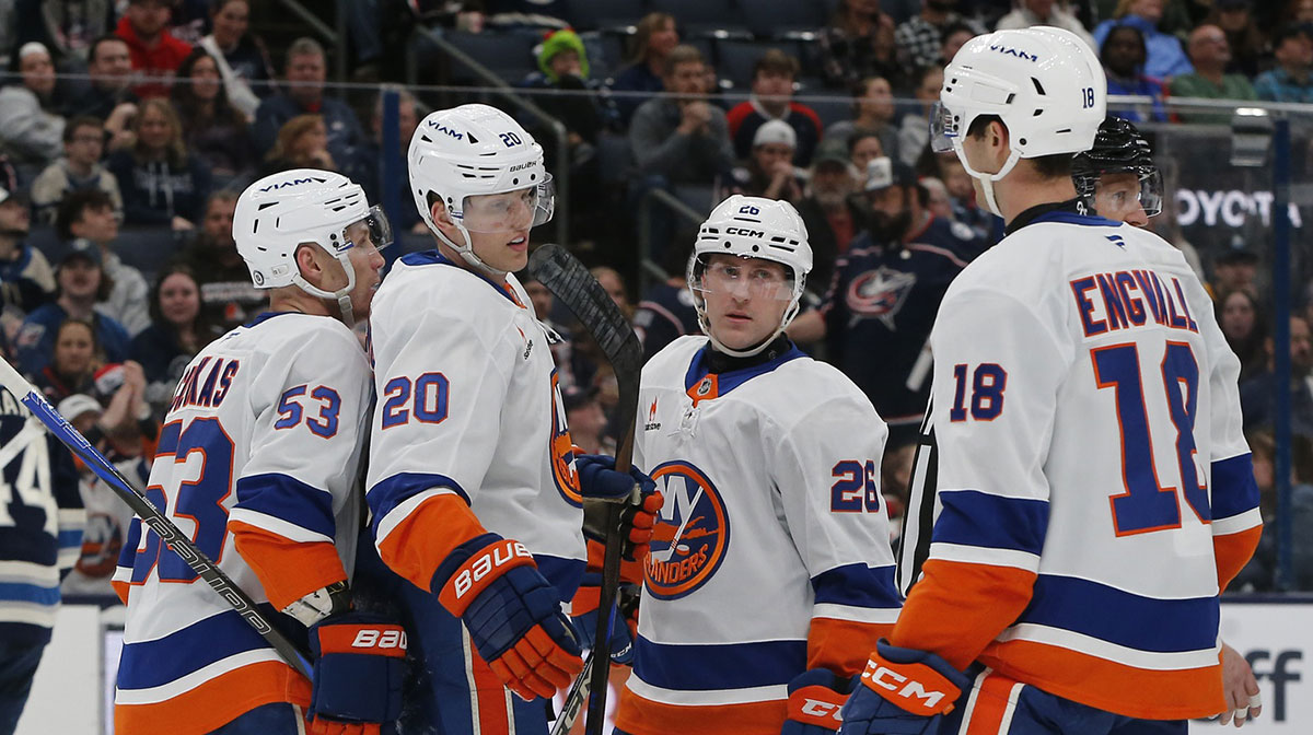 New York Islanders right wing Hudson Fasching (20) celebrates his goal against the Columbus Blue Jackets during the third period at Nationwide Arena.