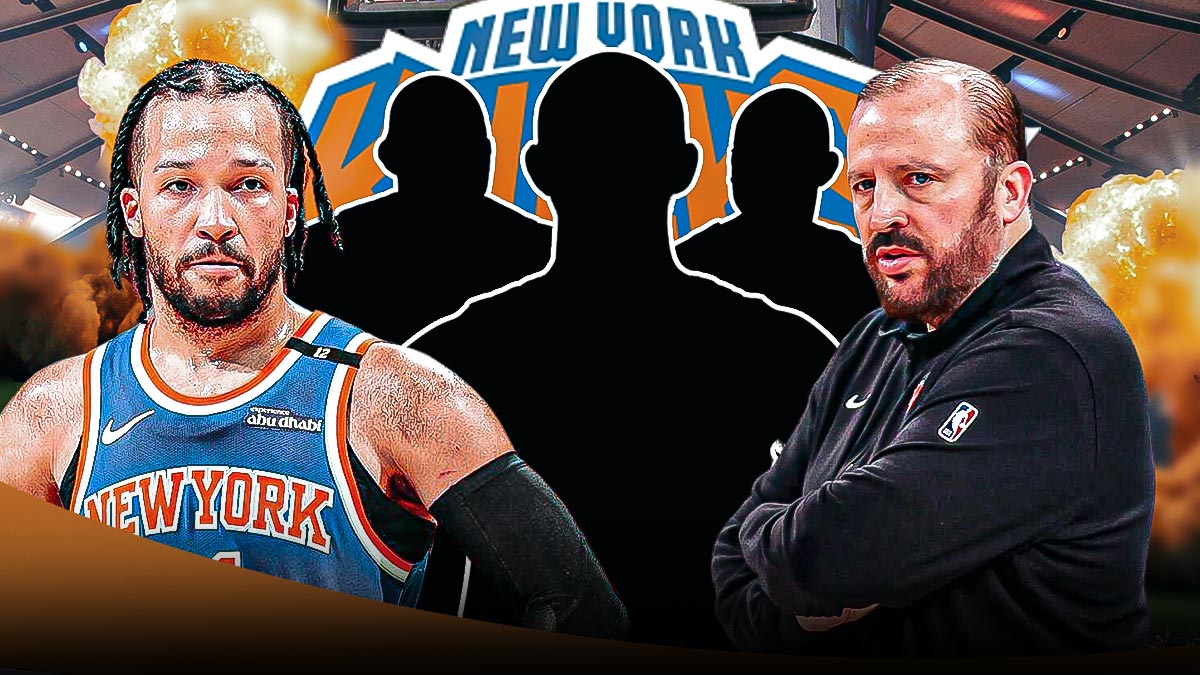 Three mystery players in the middle, Head coach Tom Thibodeau, Jalen Brunson, and New York Knicks logo, around them, Explosions in the background