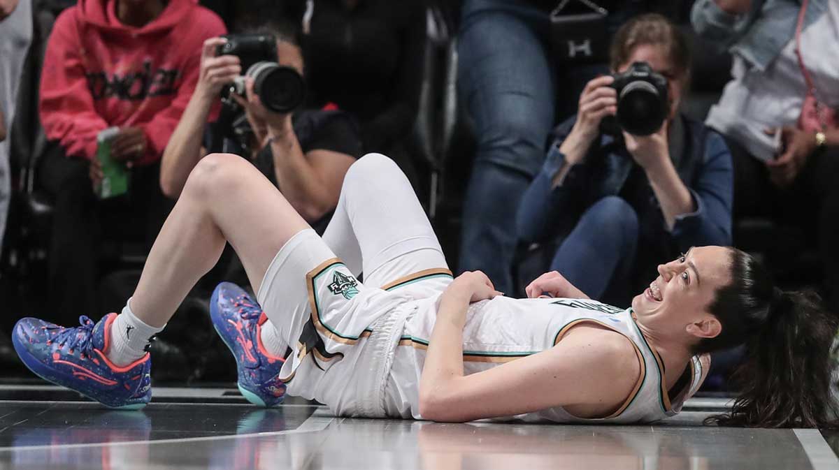 New York Liberty forward Breanna Stewart (30) reacts after getting fouled after a made basket in the first quarter against the Chicago Sky at Barclays Center.
