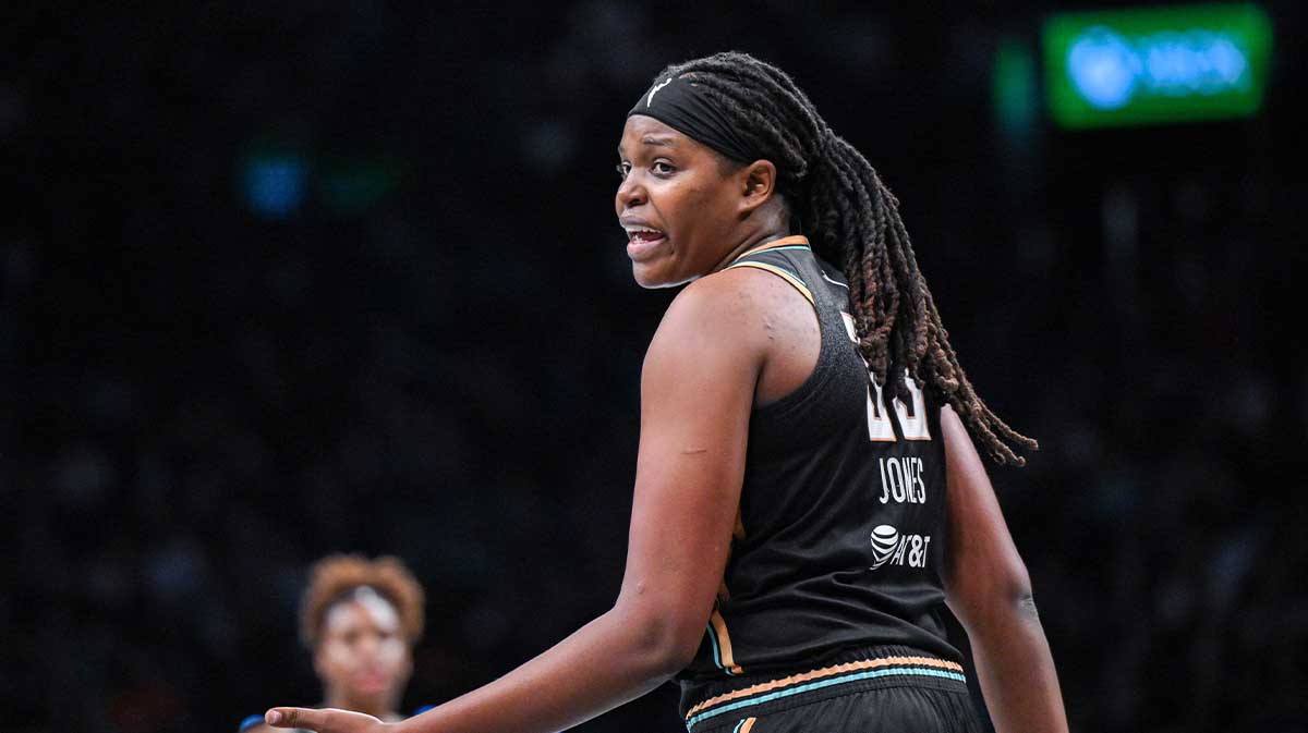 New York Liberty center Jonquel Jones (35) reacts during the second half against the Connecticut Sun at Barclays Center.