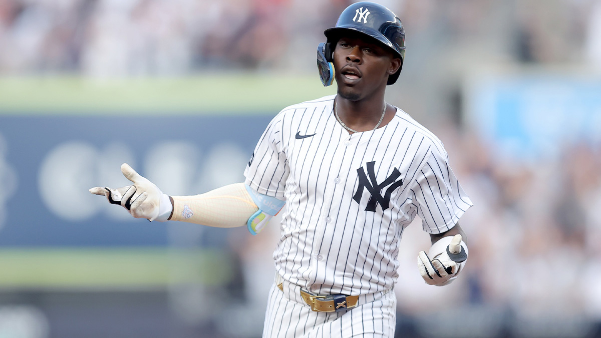 New York Yankees third baseman Jazz Chisholm Jr. (13) rounds the bases after hitting a three run home run against the Boston Red Sox during the first inning at Yankee Stadium.