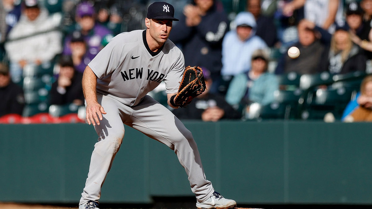 New York Yankees first baseman Paul Goldschmidt (48) fields a throw at first for the final out against the Colorado Rockies at Coors Field.
