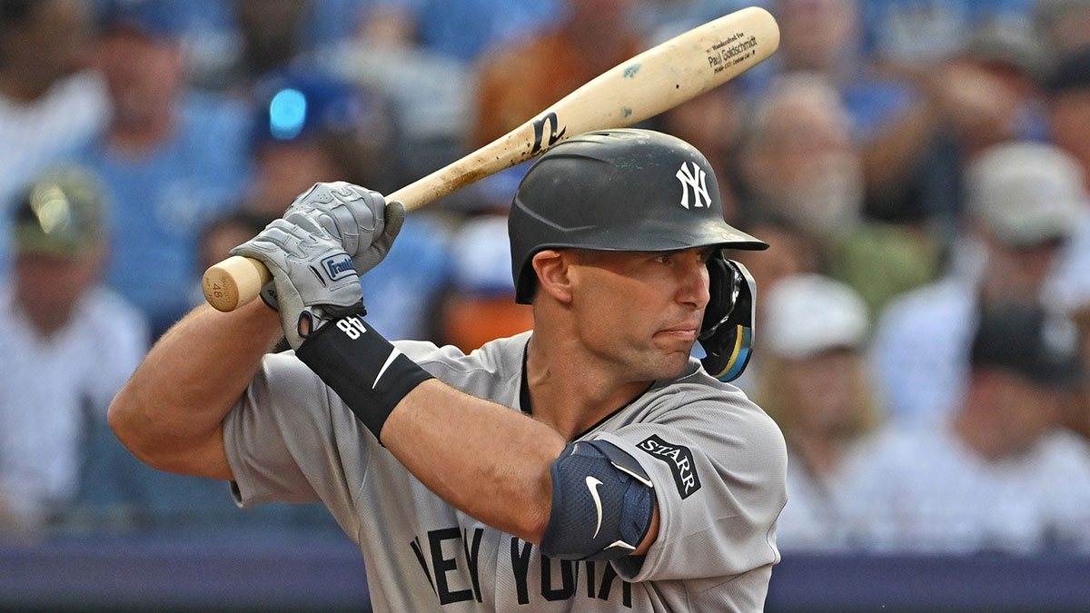 New York Yankees first baseman Paul Goldschmidt (48) at bat in the second inning against the Kansas City Royals at Kauffman Stadium.