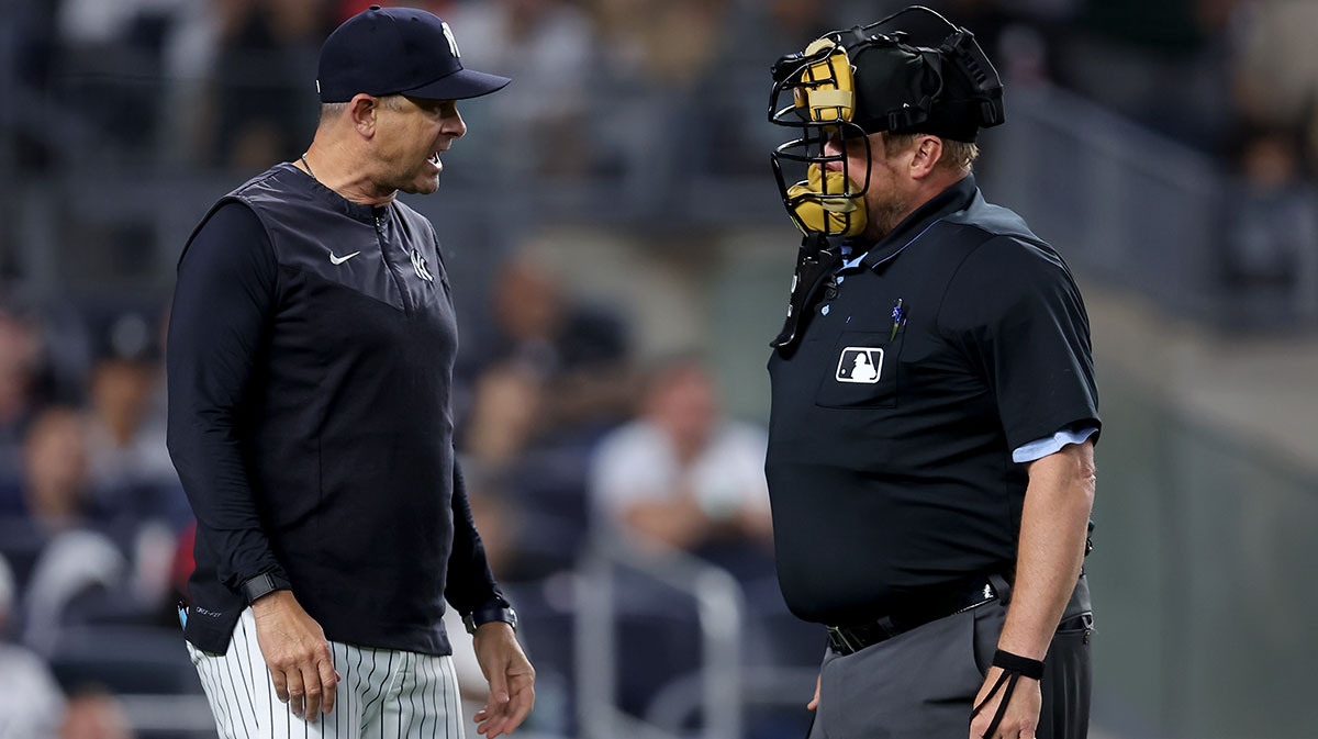 New York Yankees manager Aaron Boone (17) argues with home plate umpire Bruce Dreckman (1) after Dreckman ejected Yankees hitting coach James Rowson (not pictured) from the game against the Boston Red Sox during the fourth inning at Yankee Stadium.