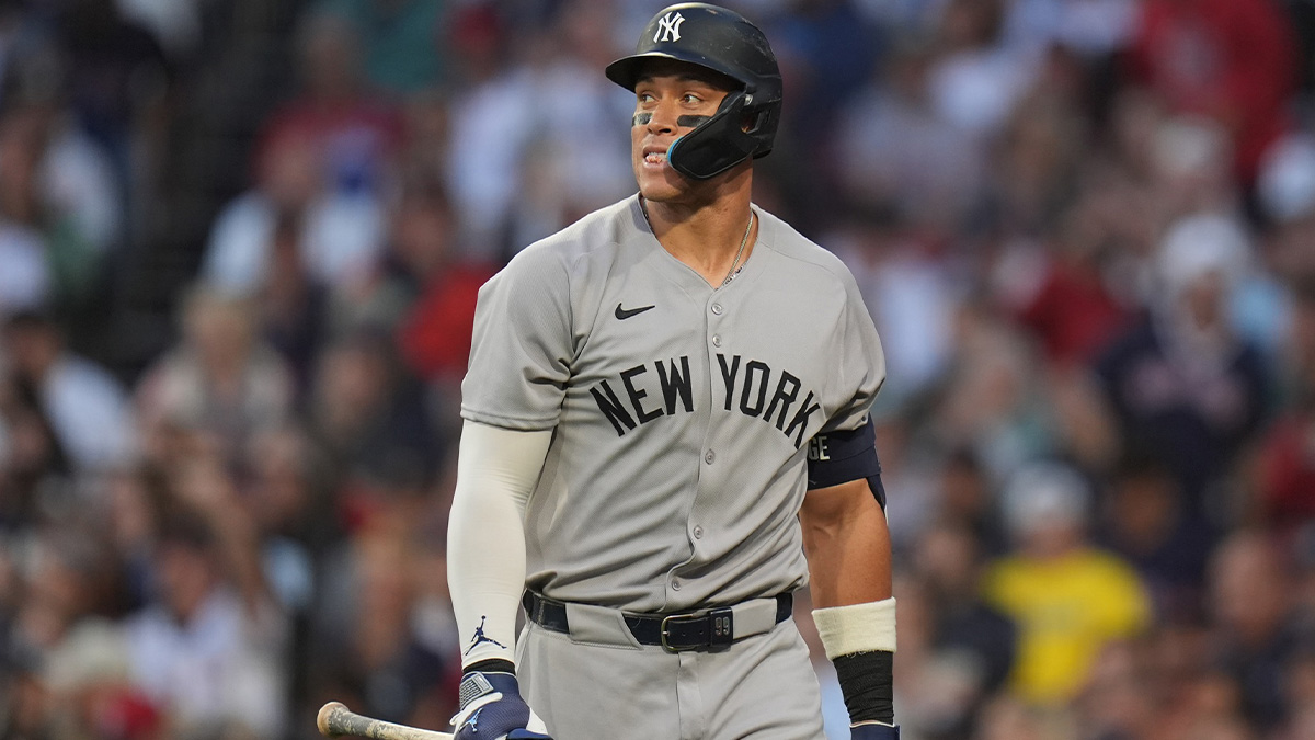 New York Yankees outfielder Aaron Judge (99) strikes out against the Boston Red Sox in the fourth inning at Fenway Park.