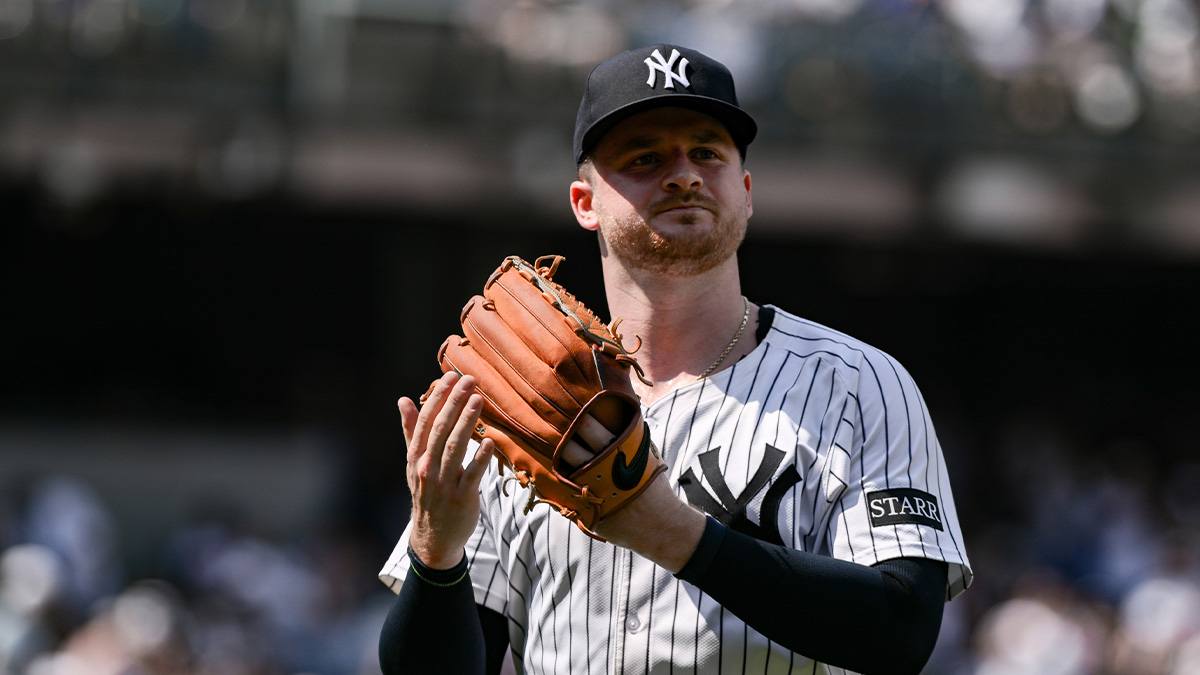 New York Yankees pitcher Clarke Schmidt (36) reacts after leaving the game during the seventh inning against the Baltimore Orioles at Yankee Stadium. Brubaker