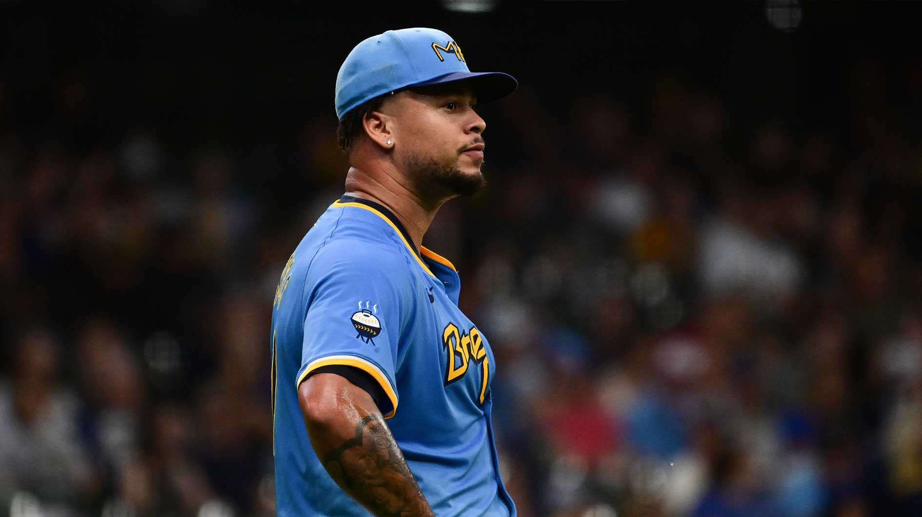 Milwaukee Brewers starting pitcher Frankie Montas (47) reacts after giving up a solo home run to Arizona Diamondbacks third baseman Eugenio Suarez (28) in the third inning at American Family Field. Mendoza Braves