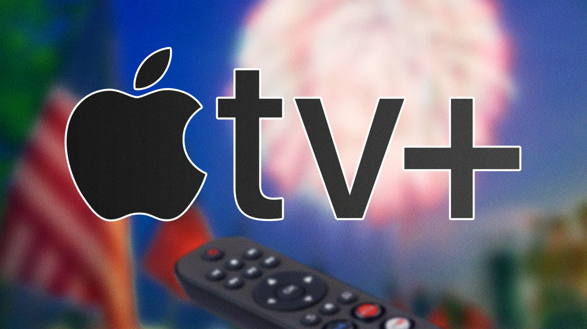 Apple TV+ logo with July 4 background.