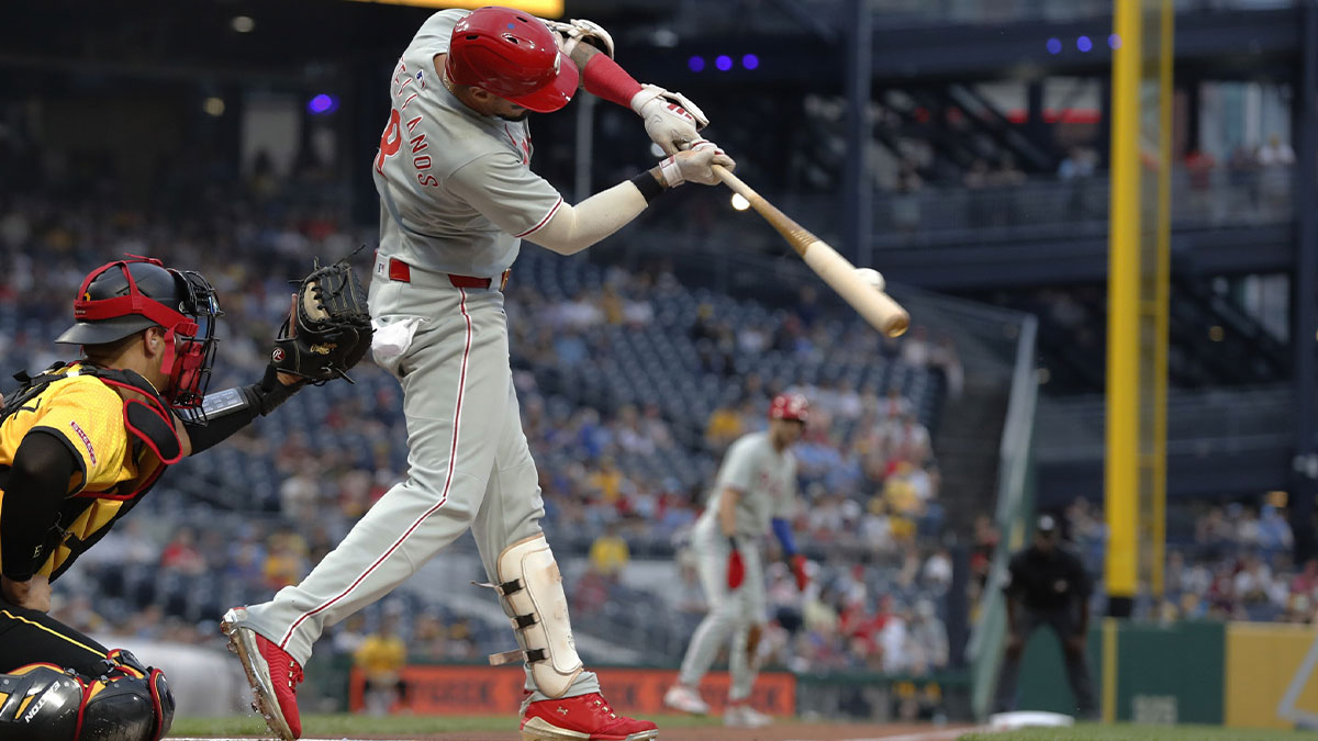 Philadelphia Phillies outfielder Nick Castellanos (8) drives in a run against the Pittsburgh Pirates during the first inning at PNC Park.