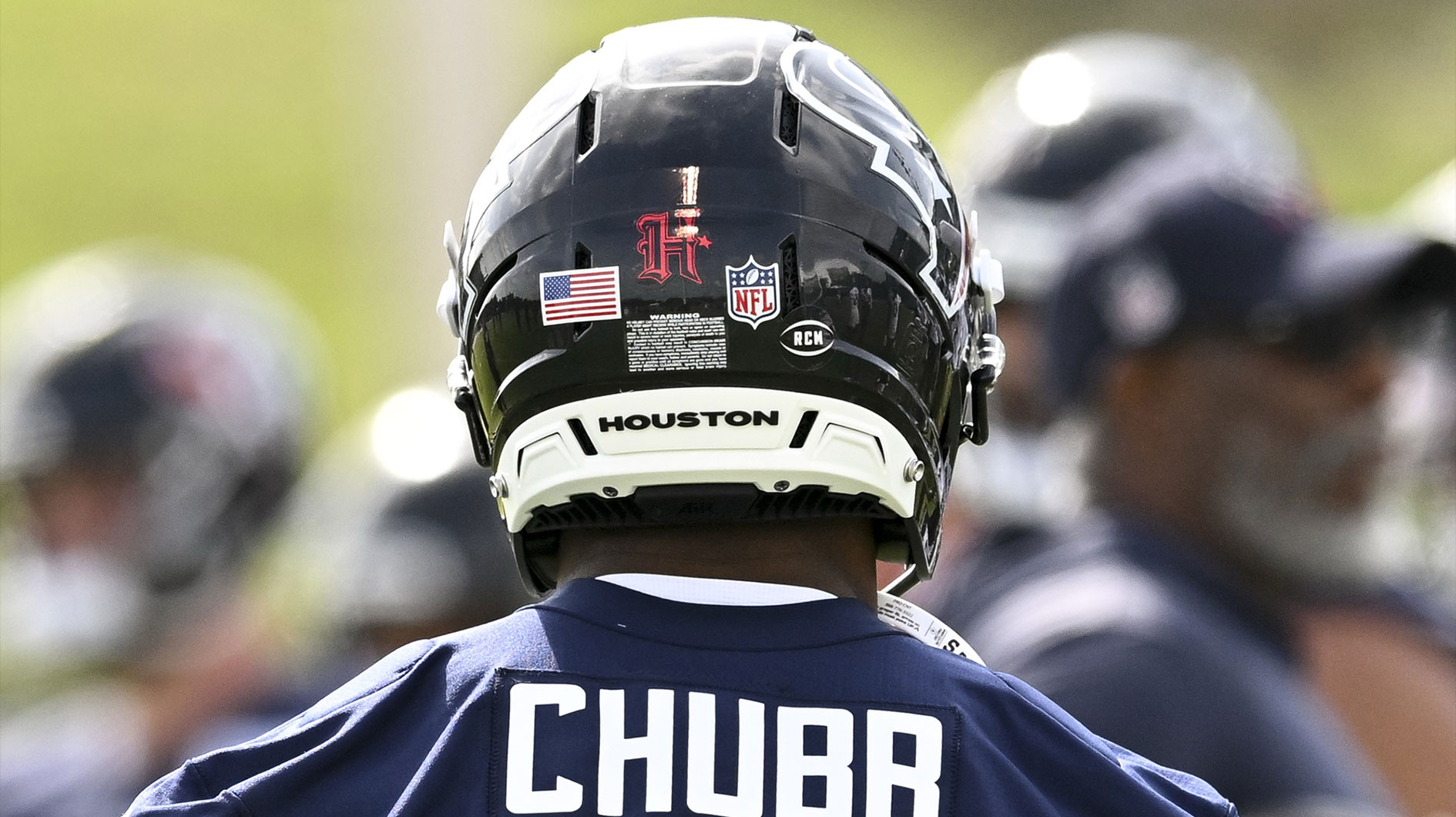 Jun 10, 2025; Houston, TX, USA; A detail view of Houston Texans running back Nick Chubb (21) jersey during an NFL football minicamp at NRG Stadium. Mandatory Credit: Maria Lysaker-Imagn Images