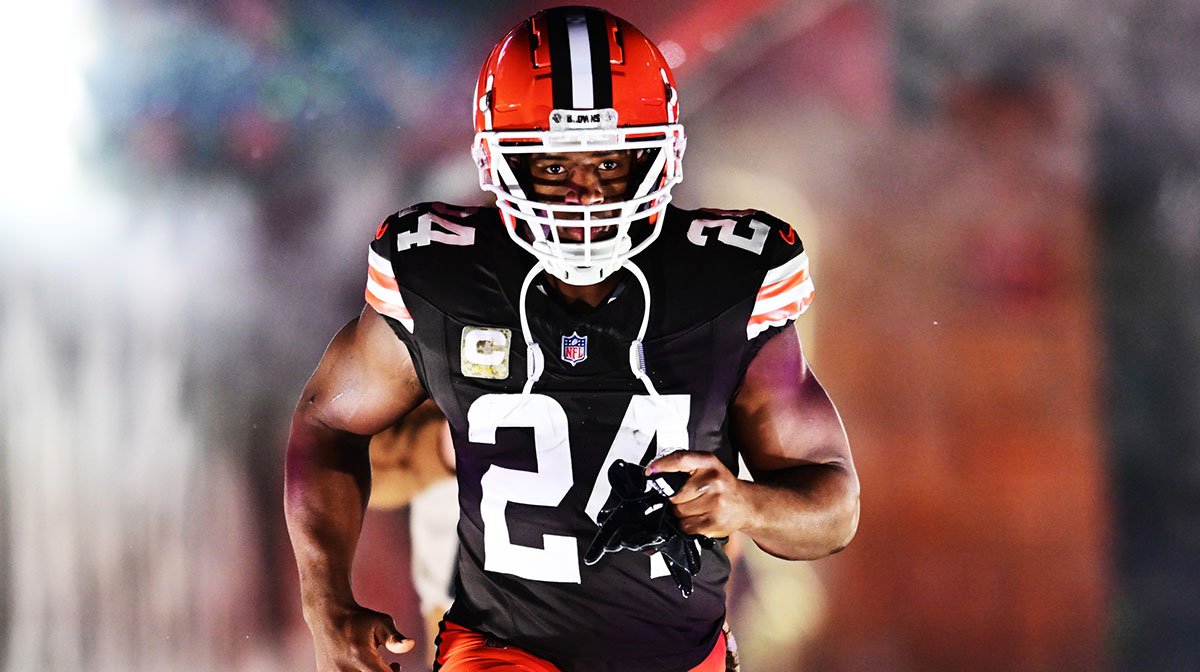 Cleveland Browns running back Nick Chubb (24) is introduced before the game between the Browns and the Pittsburgh Steelers at Huntington Bank Field.