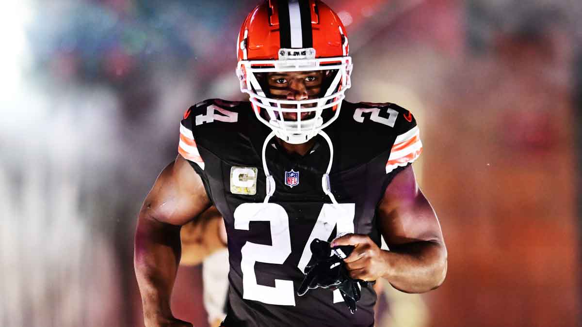 Nov 21, 2024; Cleveland, Ohio, USA; Cleveland Browns running back Nick Chubb (24) is introduced before the game between the Browns and the Pittsburgh Steelers at Huntington Bank Field. Mandatory Credit: Ken Blaze-Imagn Images