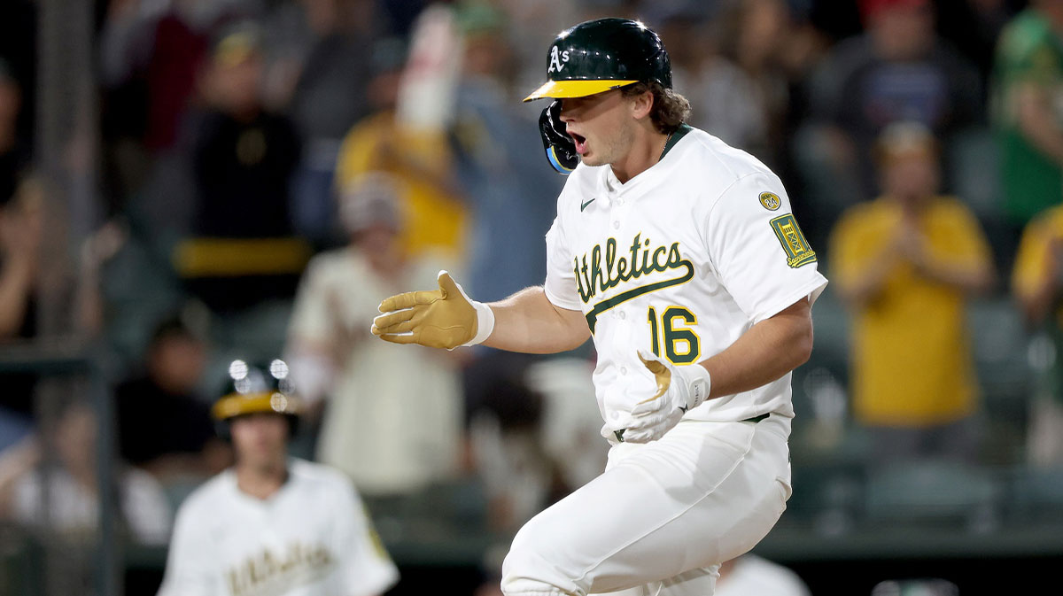 Athletics first baseman Nick Kurtz (16) reacts after hitting a three-run home run against the Philadelphia Phillies during the ninth inning.