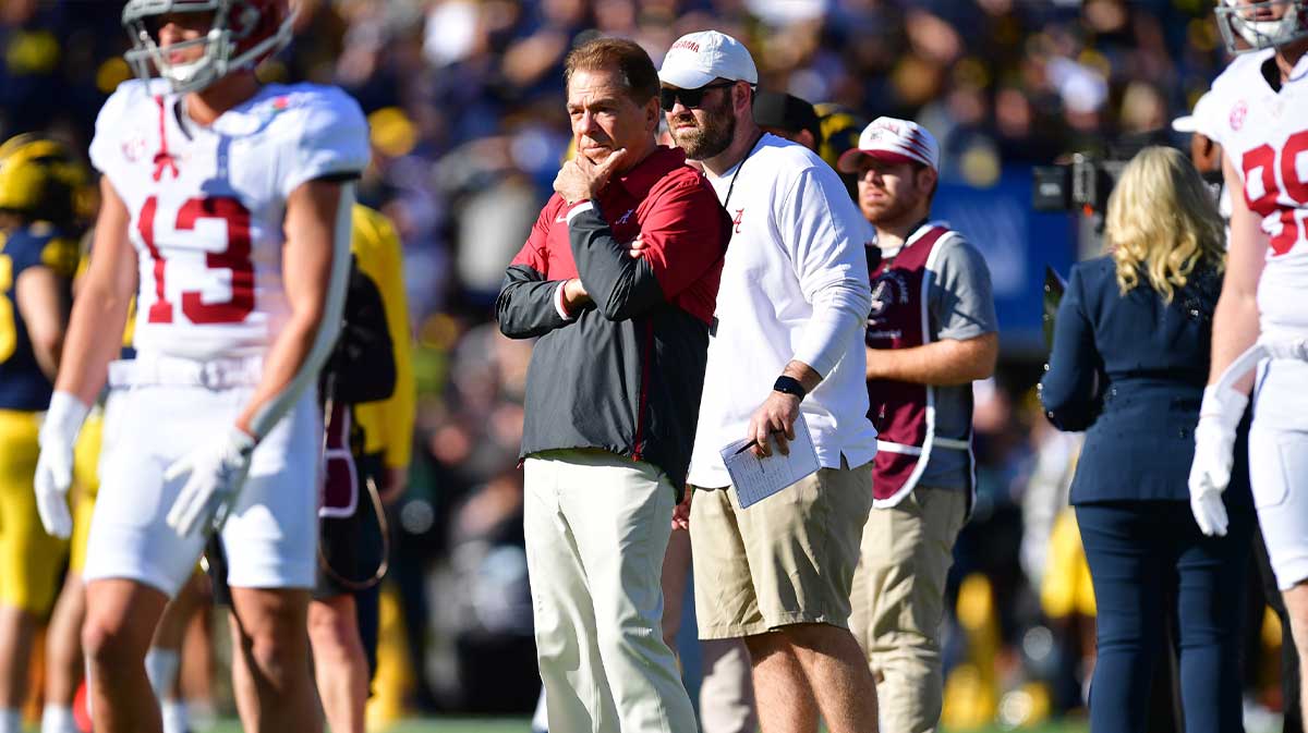 Alabama Crimson Tide head coach Nick Saban looks on during warm ups before the 2024 Rose Bowl college football playoff semifinal game against the Michigan Wolverines at Rose Bowl.