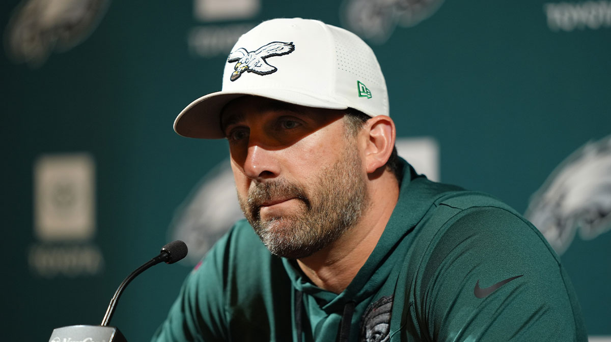Philadelphia Eagles head coach Nick Sirianni addresses media during a press conference at NovaCare Complex.
