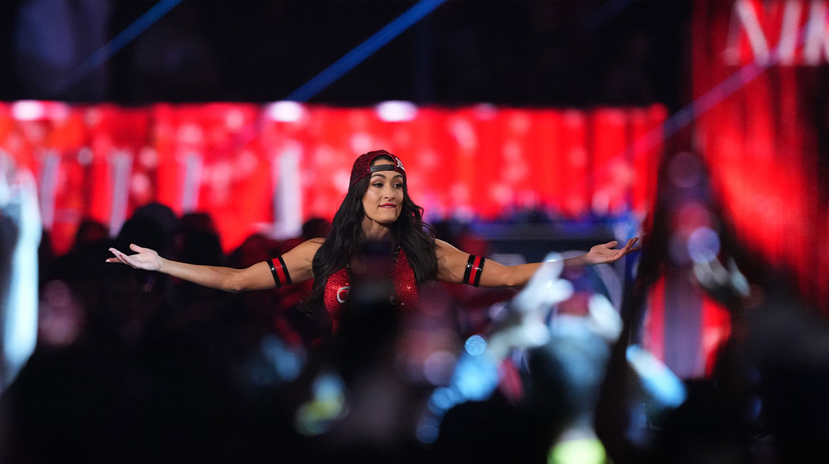 Nikki Bella, who had a promo with Liv Morgan that touched on her divorce from Artem Chigvintsev, entering the 2025 WWE Royal Rumble.