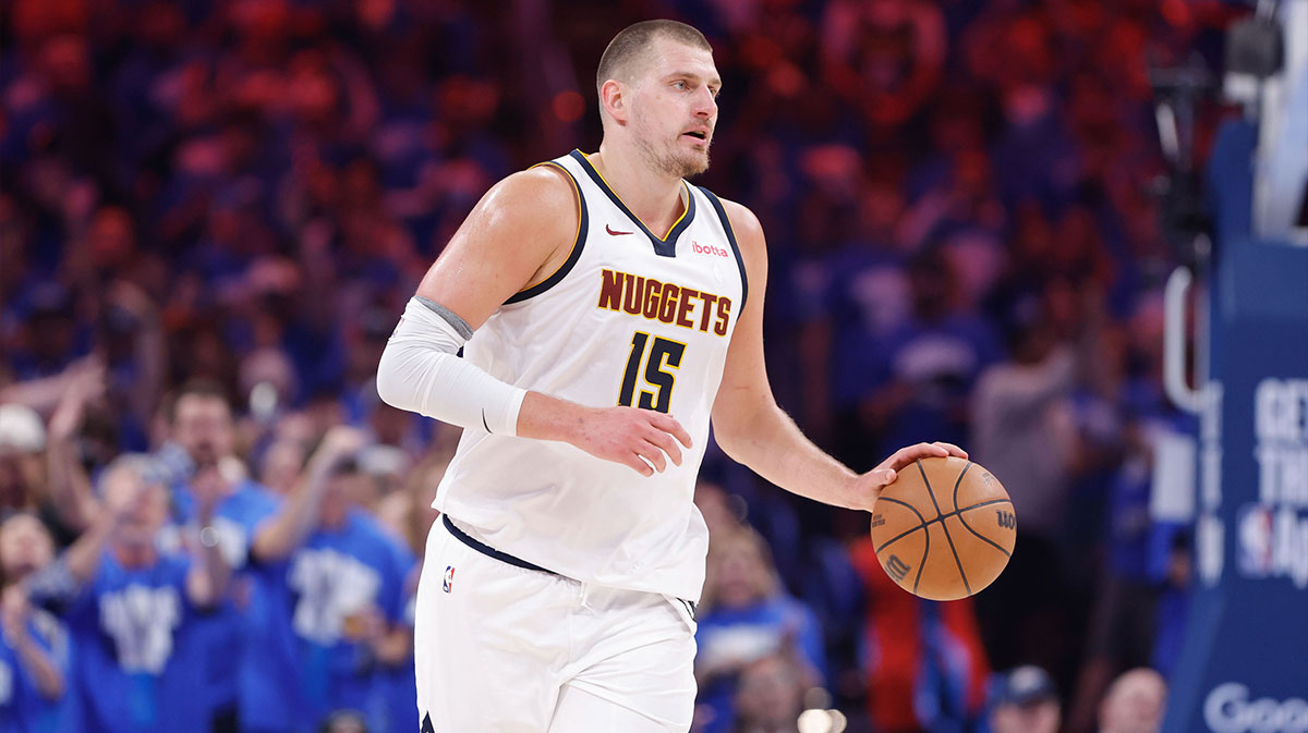 Denver Nuggets center Nikola Jokic (15) dribbles down the court against the Oklahoma City Thunder in the second quarter during game seven of the second round for the 2025 NBA Playoffs at Paycom Center.