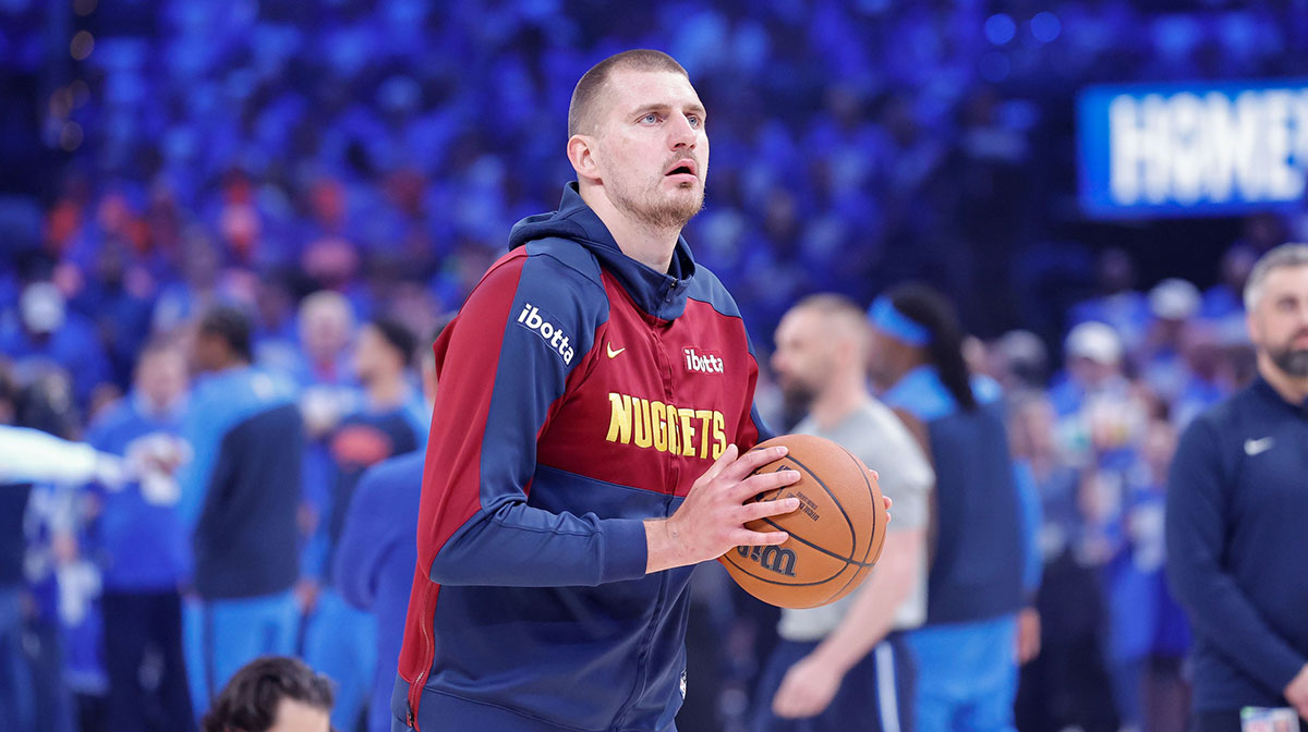 Denver Nuggets center Nikola Jokic (15) warms up before game seven of the second round against the Oklahoma City Thunder for the 2025 NBA Playoffs at Paycom Center.