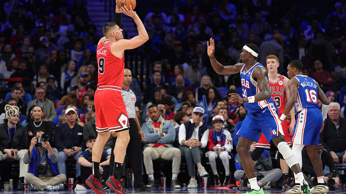 Chicago Bulls center Nikola Vucevic (9) shoots the ball against the Philadelphia 76ers in the second quarter at Wells Fargo Center.