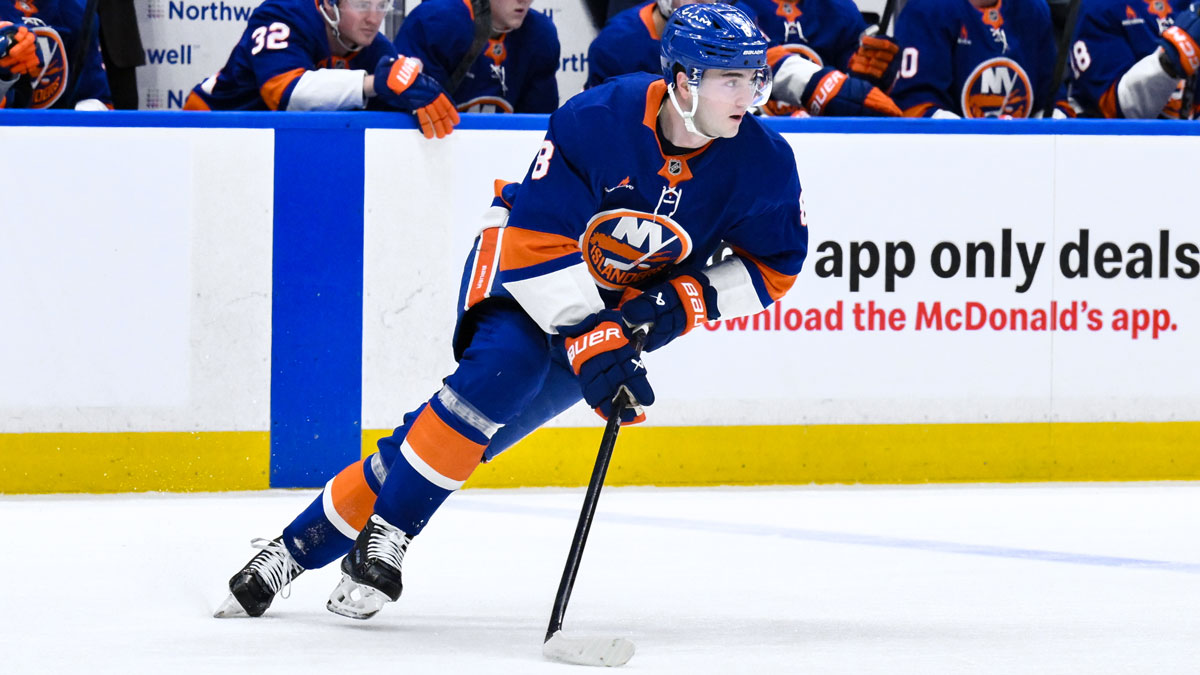 New York Islanders defenseman Noah Dobson (8) skates with the puck during the first period against the Washington Capitals at UBS Arena.
