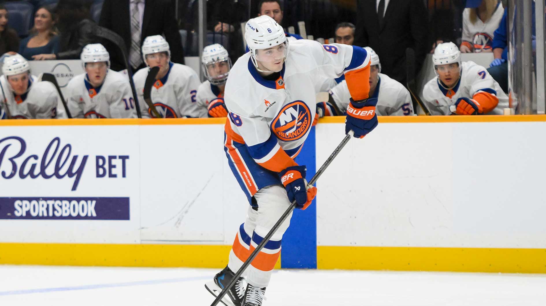 New York Islanders defenseman Noah Dobson (8) takes a shot on goal against the Nashville Predators during the second period at Bridgestone Arena. Canadiens