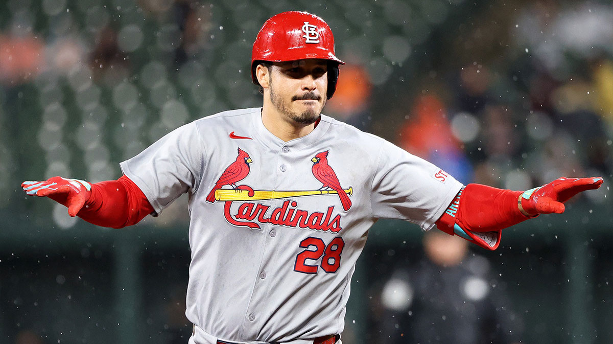 St. Louis Cardinals third baseman Nolan Arenado (28) celebrates after hitting a home run during the eighth inning against the Baltimore Orioles at Oriole Park at Camden Yards.