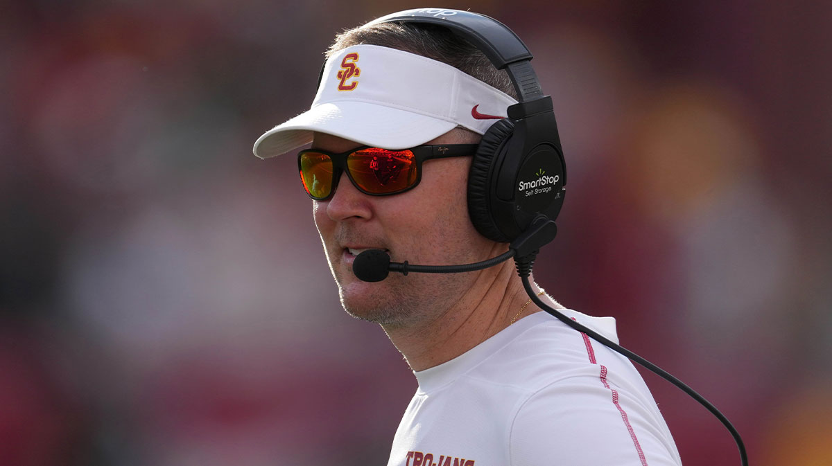Southern California Trojans head coach Lincoln Riley reacts against the Notre Dame Fighting Irish in the second half at United Airlines Field at Los Angeles Memorial Coliseum.