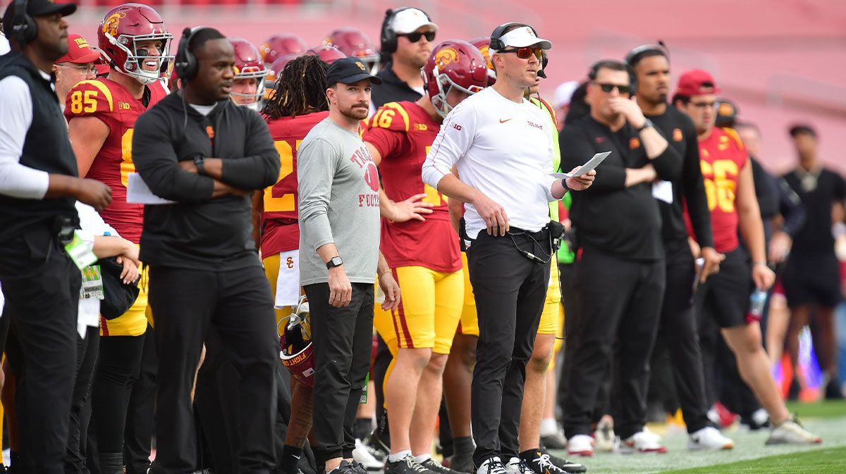 Southern California Trojans head coach Lincoln Riley reacts against the Notre Dame Fighting Irish in the second half at United Airlines Field at Los Angeles Memorial Coliseum.
