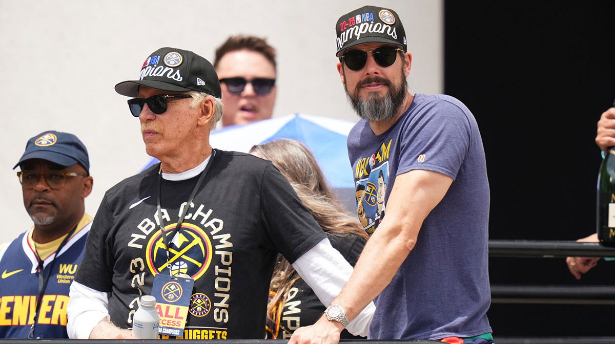 Denver Nuggets owner Stan Kroenke (left) and president Josh Kroenke (right) during the championship parade after the Denver Nuggets won the 2023 NBA Finals.