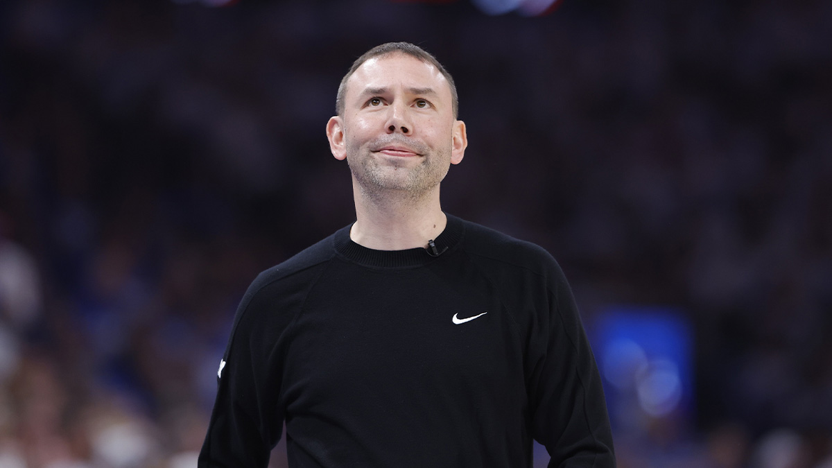 Denver Nuggets head coach David Adelman looks at the score against the Oklahoma City Thunder during the second quarter of game five of the second round for the 2025 NBA Playoffs at Paycom Center.