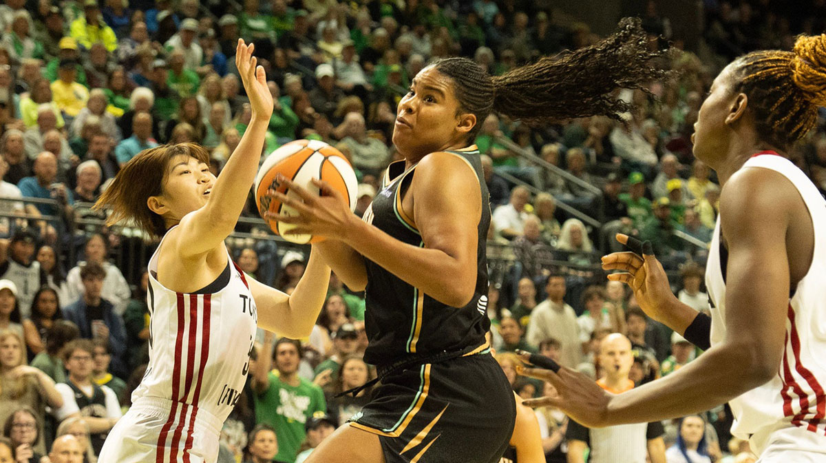 New York Liberty’s Nyara Sabally works the ball in under the basket against Toyota Antelopes at Matthew Knight Arena May 12, 2025 in Eugene.